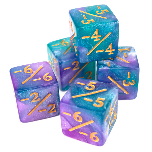 Token Dice x5 - 16mm -/- - Pink&Aqua (Gold)