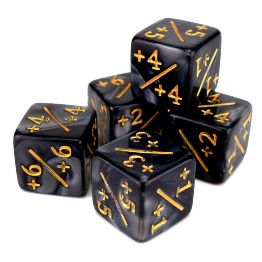 Token Dice x5 - 16mm +/+ - Pearl Black (Gold)