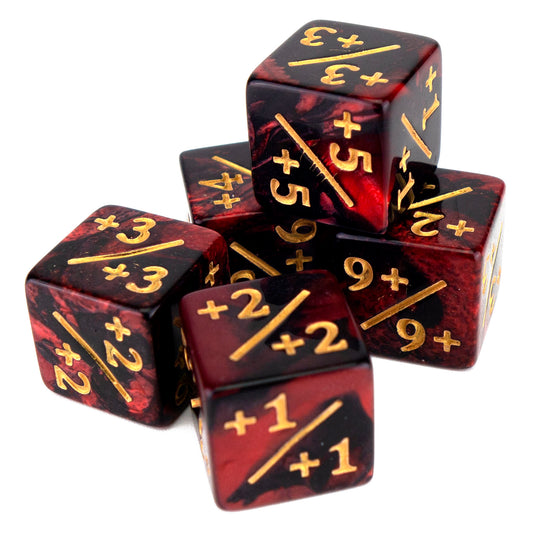 Token Dice x5 - 16mm +/+ - Pearl Red&Black (Gold)