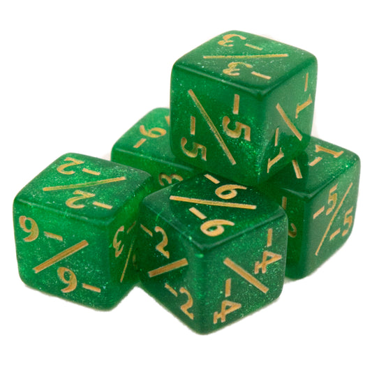 Token Dice x5 - 12mm - Glitter Green (Gold) -1/-1
