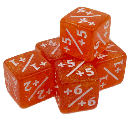 Token Dice x5 - 12mm - Glitter Orange (White) +1/+1