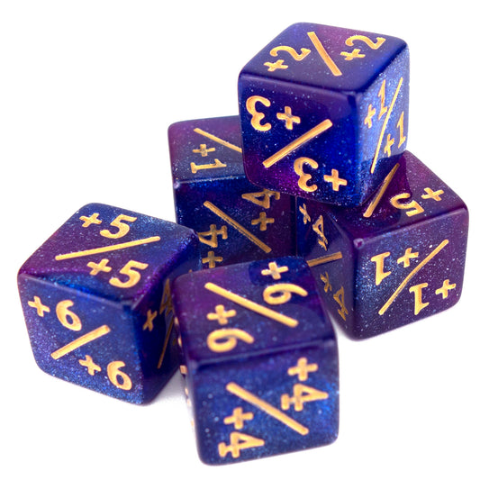 Token Dice x5 - 16mm +/+ - Glitter Purple&Blue (Gold)